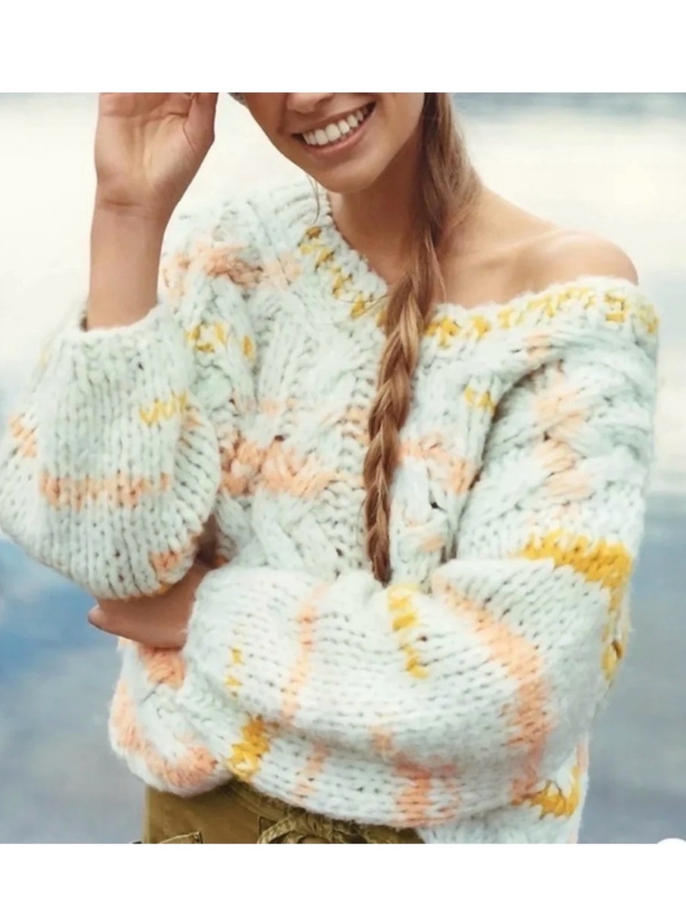 Anthropologie Jojo Cable Knit Sweater in Pastel Green and Yellow size Medium